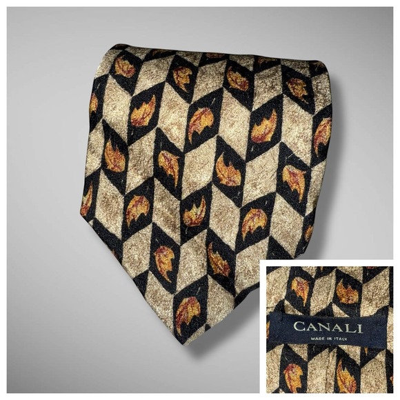 Canali Neck Tie Black Gold Bronze Leaf Autumn Fall 55x3.5 Silk Italy - Picture 1 of 9